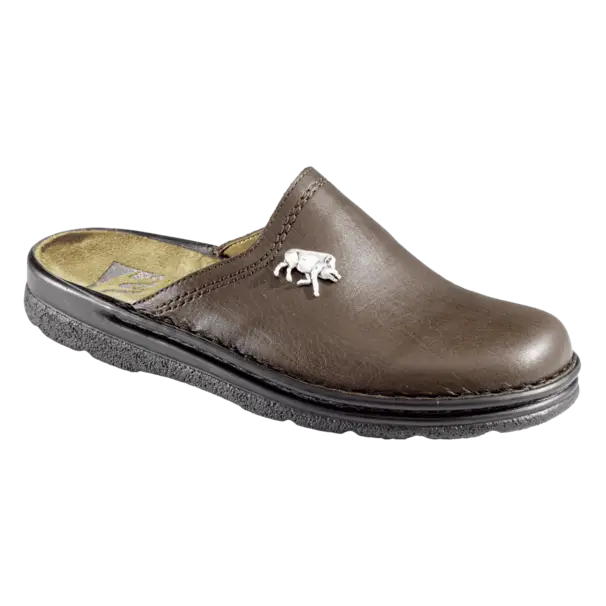 Lädertofflor med vildsvinsmotiv