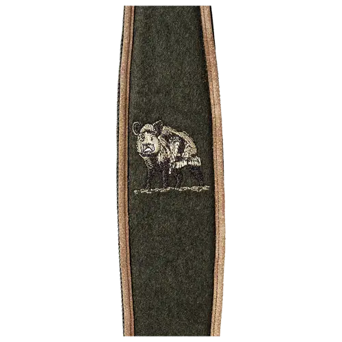 Gevärsrem i loden med vildsvinsmotiv