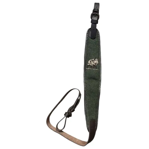 Gevärsrem i loden med vildsvinsmotiv